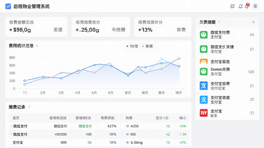 图片主体为启程物业管理系统“收费管理”界面,展示费用统计折线图与缴费记录表格,背景为浅灰色调,布局包含收费金额汇总卡片、欠费提醒列表,排版清晰,风格简洁商务,细节突出“微信支付”“支付宝”等图标,画质高清干净,无多余元素
