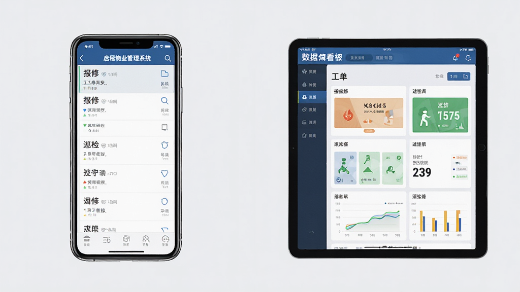 图片主体为启程物业管理系统在手机和平板上的运行截图,左半部分展示手机端工单列表,右半部分展示平板端数据看板,背景为浅灰色,布局为左右对比排版,风格实用清晰,细节突出“报修”“巡检”等文字,画质高清干净,无多余元素