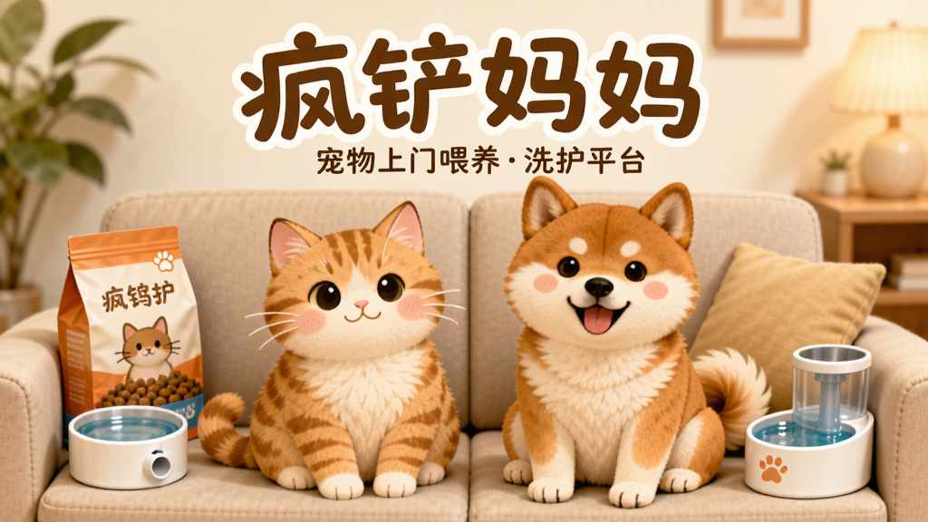 画面主体为一只可爱的橘猫和一只柴犬并排坐在沙发上,背景是温馨的客厅,沙发旁放着一袋宠物粮和一个宠物饮水机,画面中央上方用圆润可爱的字体写着