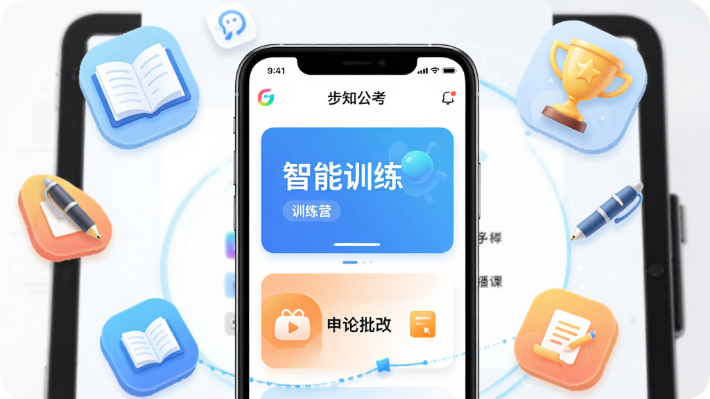 主体:步知公考App界面在手机和平板上的展示,屏幕上有智能题库、训练营、直播课等模块。布局:手机居中,周围有漂浮的学习图标如书本、笔、奖杯。排版:简洁清晰,突出App界面。风格:现代科技感,明亮色彩。细节:界面文字显示“步知公考”、“智能训练”、“申论批改”。画质:高清,干净,无多余元素。