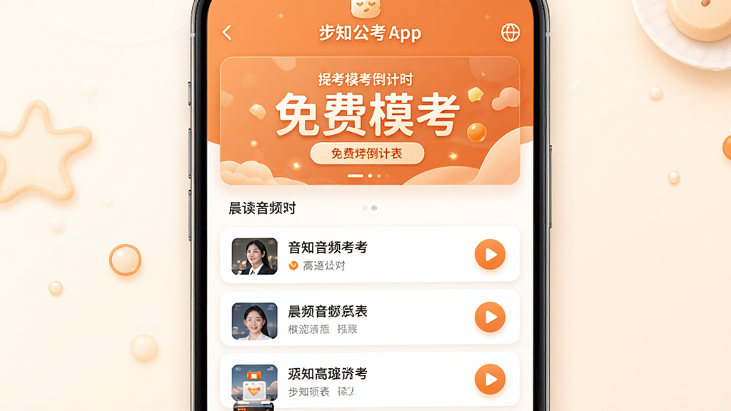 主体:步知公考App的训练营页面,展示模考倒计时和晨读音频列表。布局:上方为模考横幅,下方为音频列表。排版:纵向排列,条理清晰。风格:温馨舒适,橙色点缀。细节:横幅上有“免费模考”字样,列表项有播放按钮。画质:高清,干净。
