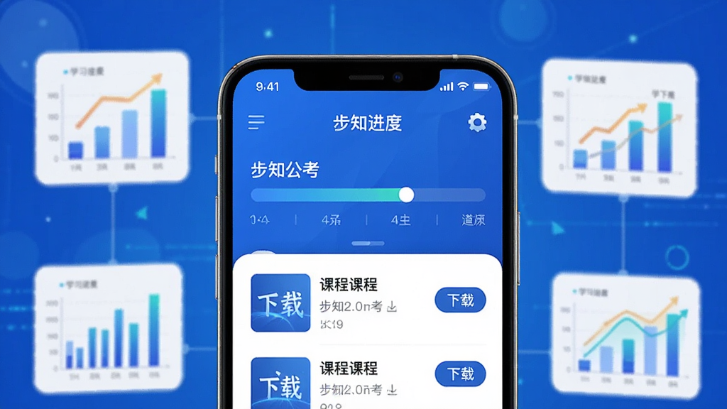 主体:步知公考App在手机上的学习界面,显示学习进度和课程列表。布局:手机屏幕占据主要画面,周围有学习图表。排版:清晰展示进度条。风格:科技蓝背景,简洁专业。细节:进度条上有“步知公考”字样,课程列表有“下载”按钮。画质:高清,干净。