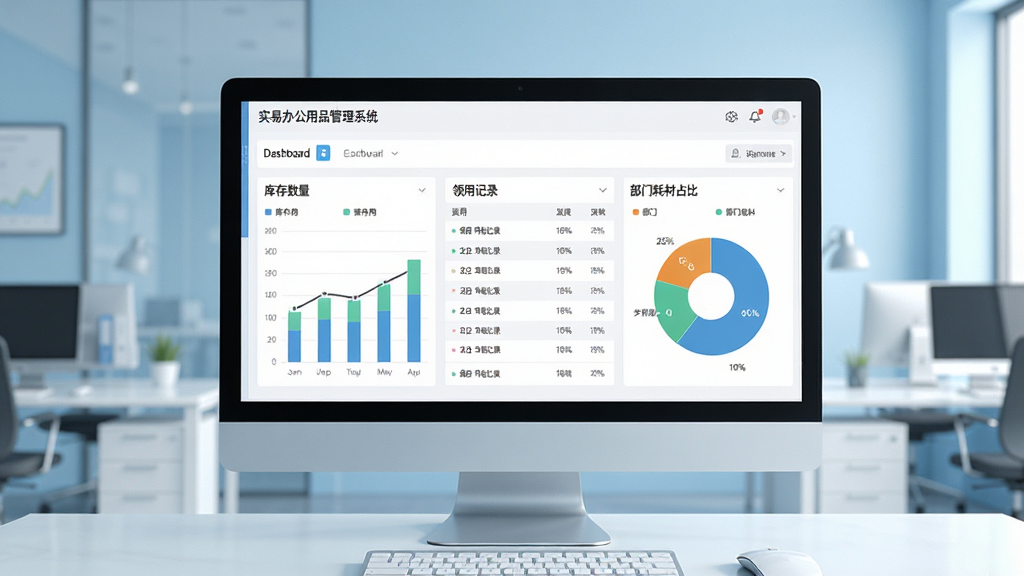 实易办公用品管理系统主界面展示,电脑屏幕显示软件仪表盘,包含库存数量图表、领用记录列表、部门耗材占比饼图,背景为现代简约办公室,浅蓝色调,界面清晰明亮,排版规整,细节精致,画质高清,干净无多余元素