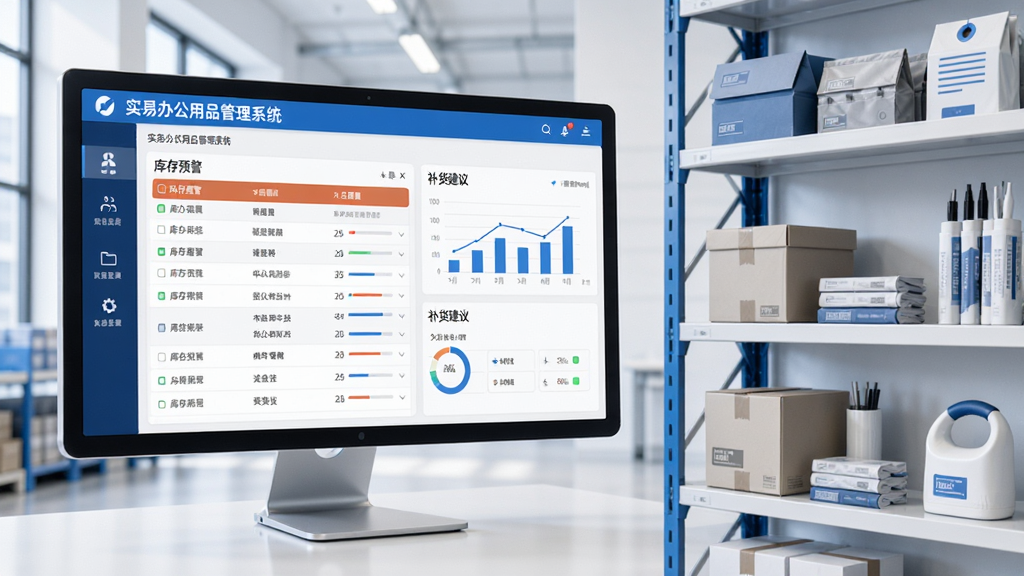 实易办公用品管理系统库存监控界面,屏幕显示库存预警列表和补货建议,旁边有货架与办公用品实物,现代商务风格,蓝白配色,数据可视化图表清晰,布局合理,画质高清,干净无杂乱元素