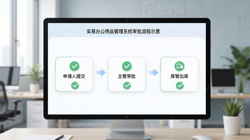 实易办公用品管理系统审批流程示意,界面展示申请人提交、主管审批、库管出库的流程节点,配有勾选状态图标,背景为办公室场景,色调柔和,界面友好,画质高清,干净整洁