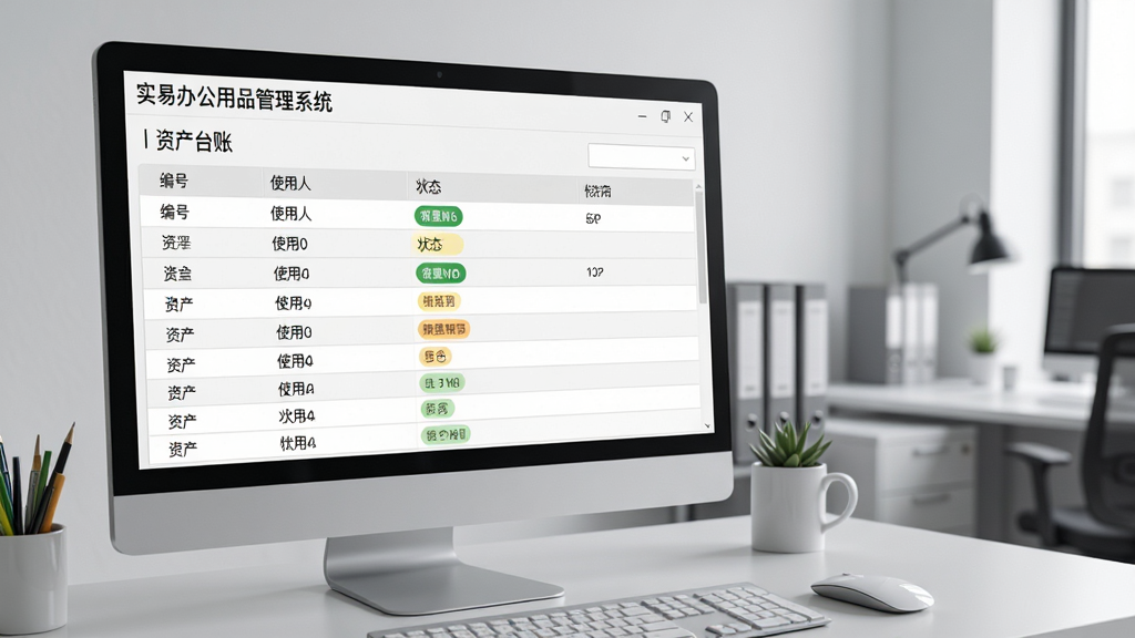 实易办公用品管理系统资产台账界面,屏幕显示资产列表含编号、使用人、状态标签,背景为办公室一角,浅灰风格,表格清晰,细节丰富,画质高清,无多余元素