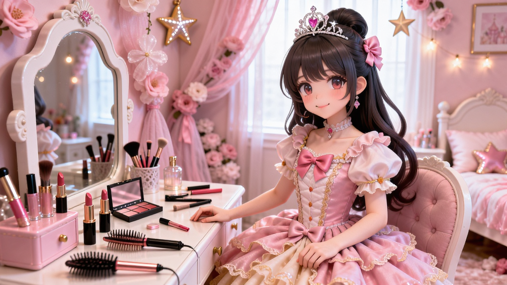 画面中一位甜美可爱的二次元少女站在梦幻粉色的公主房中,身穿精致蓬松的公主裙,头戴闪亮皇冠,面前是摆满口红、眼影、梳子、卷发棒等美妆工具的梳妆台,房间内装饰着粉色纱幔、花朵和星星灯,整体风格梦幻浪漫,色调以粉色和白色为主,画面明亮柔和,画质细腻干净,无多余元素。