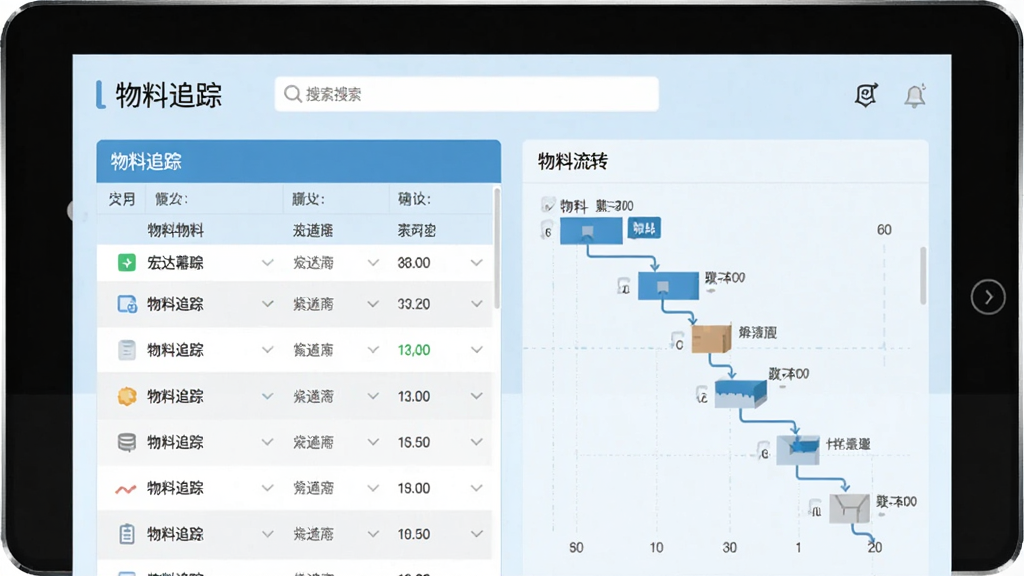 展示宏达幕墙库存管理系统物料追踪功能的界面截图,画面左侧是物料列表,右侧显示物料流转时间线,顶部有搜索栏,背景为浅蓝色调,界面清晰,文字标签为“物料追踪”,扁平化设计,画质干净,无多余元素
