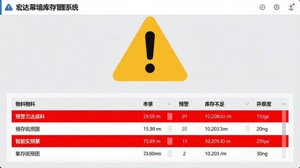 宏达幕墙库存管理系统智能预警界面,画面中间有一个醒目的黄色感叹号图标,下方是库存不足的物料清单,背景为浅灰色,红色高亮显示预警项,整体风格简洁,画质清晰,无多余元素