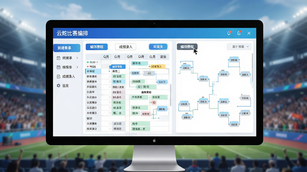 主体:云蛇比赛编排软件的界面展示,电脑屏幕上有清晰的赛程表格和对阵图,背景为赛事场馆。布局:屏幕居中,界面元素整齐排列,左侧为功能菜单,右侧为预览区域。排版:简洁现代,文字清晰,标题栏显示“云蛇比赛编排”字样。风格:科技感与专业感结合,色彩明亮舒适。细节:界面包含“新建赛事”、“编排赛程”、“成绩录入”等按钮,鼠标指针悬停在“编排赛程”上。画质:超高清,干净,无多余元素。