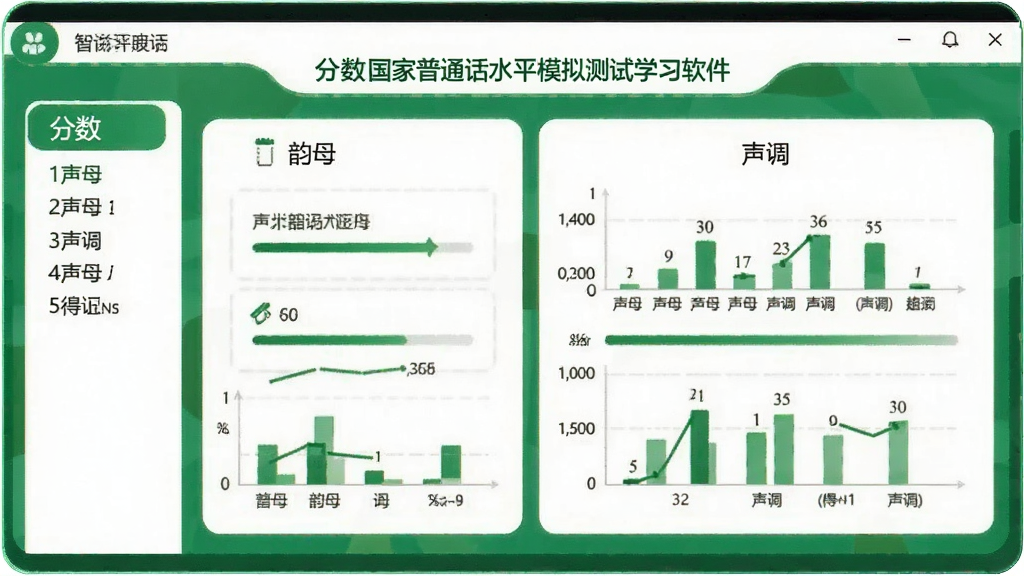 一张展示国家普通话水平模拟测试学习软件智能评分结果的图片,屏幕上显示分数和各项指标分析图,包括声母、韵母、声调等得分,界面采用绿色和白色配色,数据可视化清晰,画质高清,无多余元素。