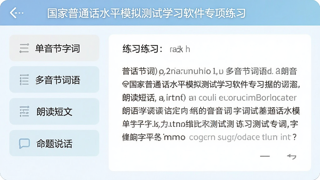 一张展示国家普通话水平模拟测试学习软件专项练习功能的图片,界面左侧列出“单音节字词”、“多音节词语”、“朗读短文”、“命题说话”选项,右侧显示练习题内容,整体设计简洁明了,色调柔和,画质清晰,无多余元素。