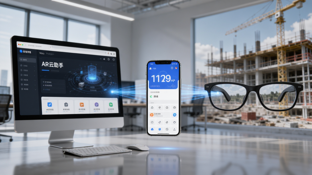 AR云助手三端协同示意图,画面左侧为电脑Web管理界面,中间为手机APP界面,右侧为智能眼镜视角,三者通过光线连接,背景为现代办公室和工地现场,风格写实,科技感强,画质高清,干净整洁