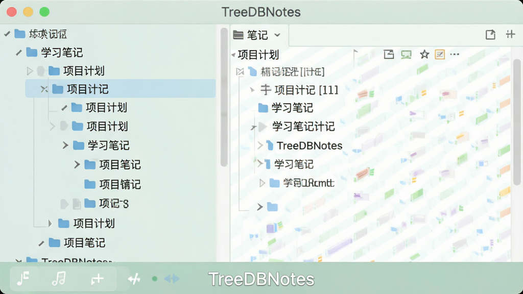 展示TreeDBNotes树形目录管理功能的界面截图,左侧是层级分明的树状节点,右侧是笔记编辑区域,节点上标有“项目计划”、“学习笔记”等文字。整体布局清晰,风格简洁,色彩柔和,画质高清明亮,干净无多余元素,文字标注“TreeDBNotes”。