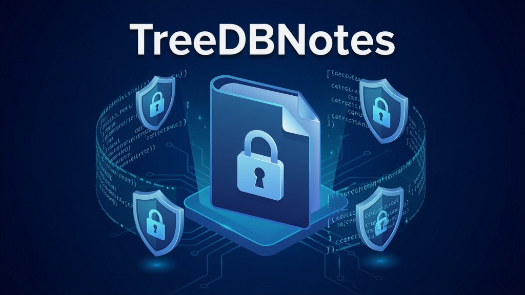 展示TreeDBNotes数据加密功能的插画,画面中央是一个带有锁形图标的数据库文件,周围环绕着加密代码和盾牌图标,背景是深蓝色科技感渐变。整体风格现代,细节丰富,画质清晰干净,无多余元素,文字标注“TreeDBNotes”。