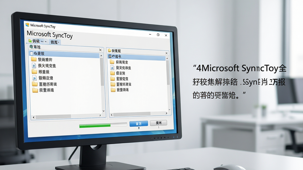 ���壺һ̨������Microsoft SyncToy�����ĵ�����Ļ��д����Ļ����ʾ���������棬���������ļ���ѡ����ͬ����ť�����֣�����λ�ڻ�������ƫ���Ҳ����׷�������˵���������幹ͼƽ�⡣�Ű棺����Ԫ���������ļ��б���ʾ����ʾ���ļ���ͬ���������ɼ������дʵ�Ƽ������Ļ������ͣ�����Ϊ��Լ�칫�һ�����ϸ�ڣ���Ļ���������⡰Microsoft SyncToy�������ɱ棬��������Ϊ���ģ��ļ�ͼ����ļ���ͼ��ϸ�ڷḻ�����ʣ�4K�����壬������Ȼ���ɾ��޶���Ԫ�ء�