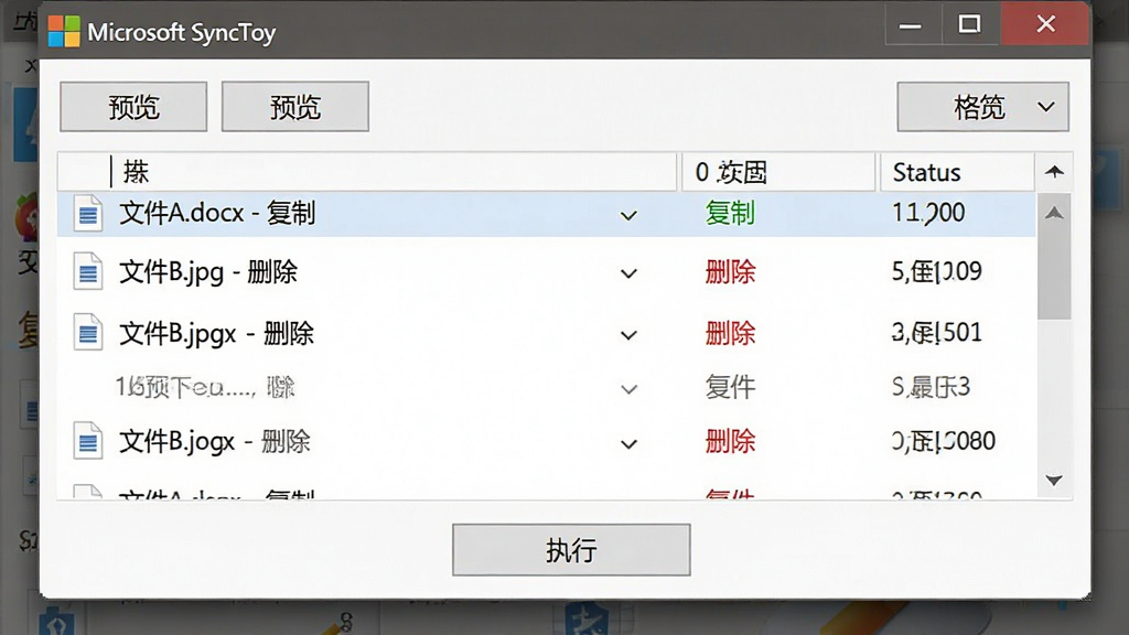 ���壺Microsoft SyncToy����Ԥ���������棬��ʾһ���ļ��б���ÿ�а����ļ������������ͺ�״̬�����֣��б�ռ�ݻ�����Ҫ���򣬶����в�����ť��Ԥ����ǩ���Ű棺�б��и����У����������ò�ͬ��ɫ��ʶ���縴��Ϊ��ɫ��ɾ��Ϊ��ɫ��������ִ������񣬱���Ϊ��ɫ��������ࡣϸ�ڣ��б���һ����ʾ���ļ�A.docx - ���ơ����ڶ�����ʾ���ļ�B.jpg - ɾ����������ײ��С�ִ�С���ť�����������ڴ��ڱ����������ʣ��߷ֱ��ʣ��ɾ��޶���Ԫ�ء�