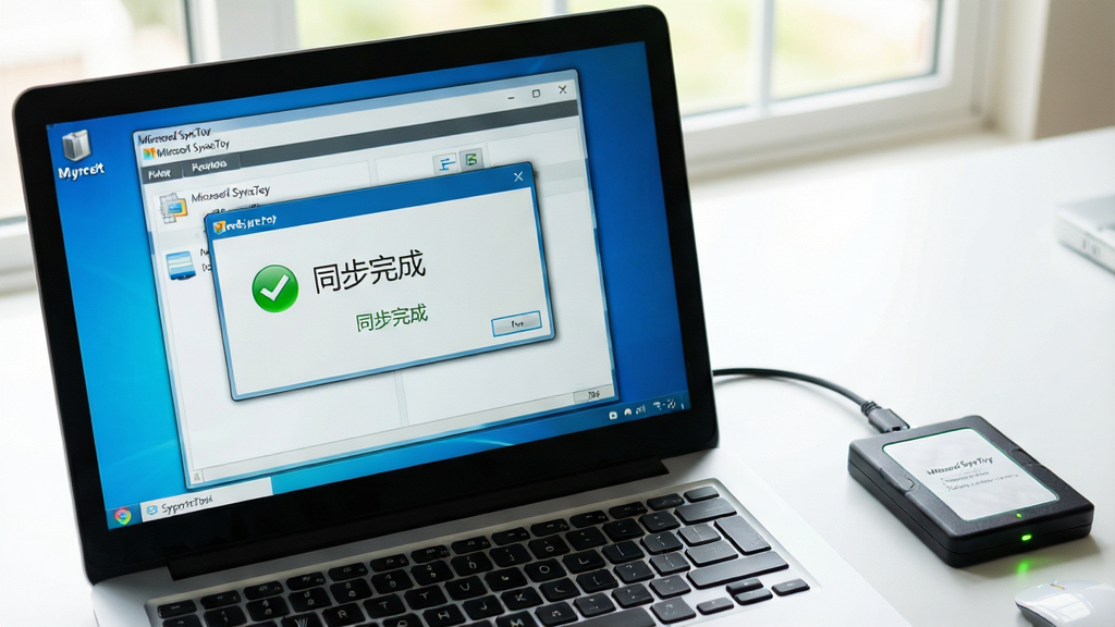 ���壺һ̨�ʼǱ�����������Microsoft SyncToy����Ļ��ʾͬ����ɵ���ʾ���ڣ��Ա���һ���ƶ�Ӳ�̡����֣�����λ�ڻ�����࣬�ƶ�Ӳ�����Ҳ࣬�м��������ߡ��Ű棺��Ļ���������ɼ�����ʾ������ʾ��ɫ�Թ��͡�ͬ����ɡ����������дʵ��񣬹����������������ࡣϸ�ڣ�������Ļ�ϵ�����������ʾ��Microsoft SyncToy�����⣬�ƶ�Ӳ��ָʾ�����𡣻��ʣ����壬�ɾ��޶���Ԫ�ء�