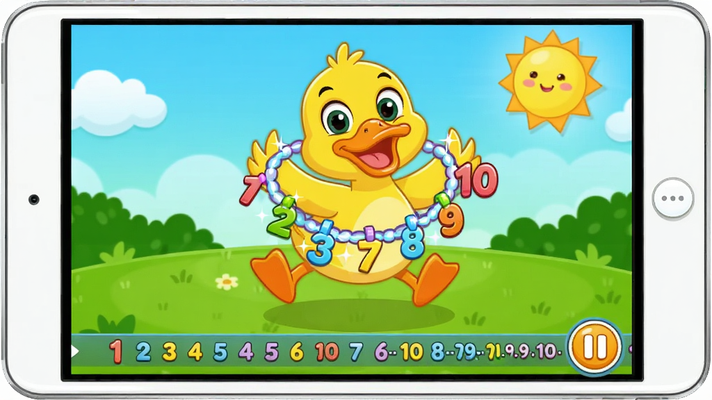主体:幼儿学数字软件的儿歌播放界面,屏幕中一只卡通鸭子带着数字1到10的项链在跳舞。布局:中央为动画播放区域,下方有歌词滚动字幕和暂停按钮。排版:动画占屏幕主体,歌词在底部滚动。风格:鲜艳的儿童动画风格,背景为绿色草地和太阳。细节:鸭子表情开心,数字项链闪闪发光,画面干净。画质:高清,无多余元素。