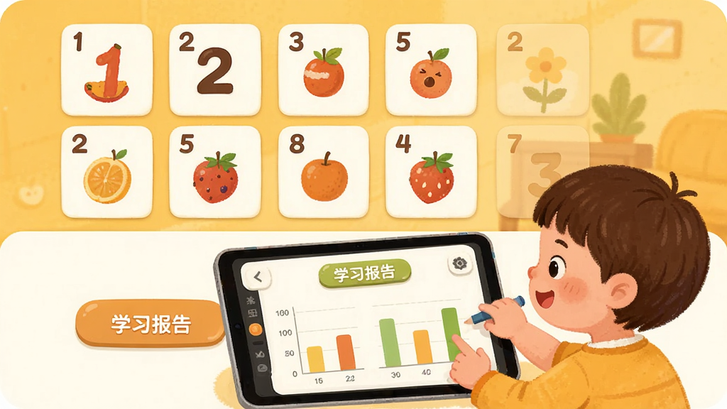 主体:幼儿学数字软件亲子模式界面,家长和孩子一起在平板上玩数字配对游戏。布局:屏幕分为上下两部分,上方是数字卡片,下方是家长控制面板。排版:卡片以网格排列,控制面板有“学习报告”按钮。风格:温馨的亲子插画风,背景为暖黄色。细节:卡片有数字和水果图案,家长面板有统计图表,画面干净。画质:高清,无多余元素。