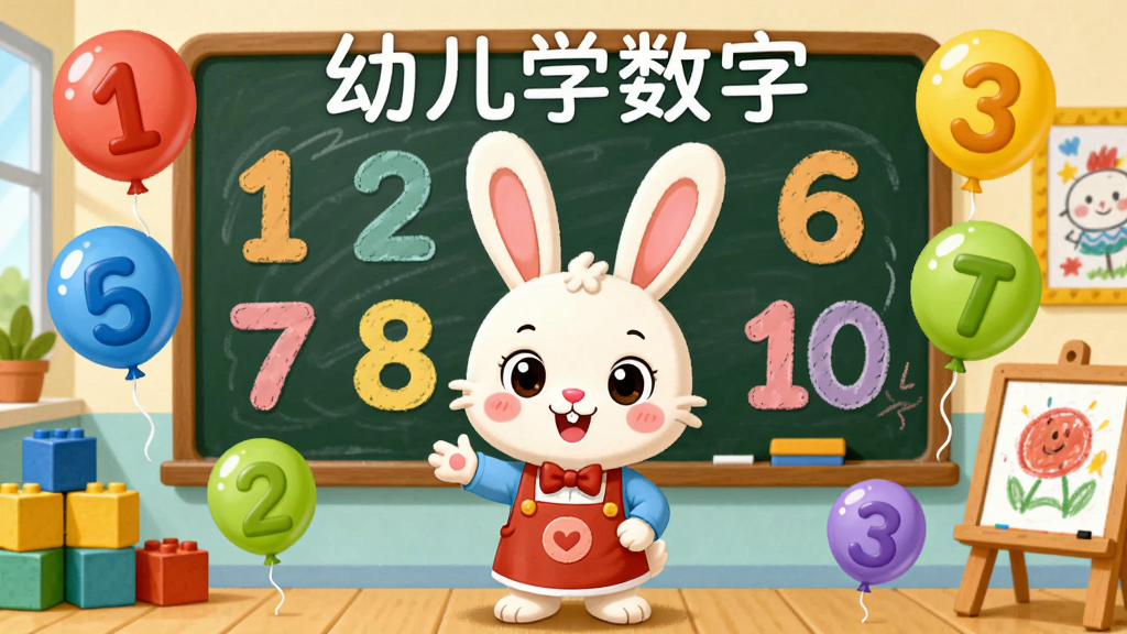 画面主体为一只可爱的卡通小兔子老师站在黑板前,黑板上写着数字1到10,周围漂浮着彩色数字气球,背景是明亮的幼儿园教室,有积木、画板等元素。布局采用居中构图,小兔子位于画面中央,数字气球环绕周围。排版简洁明快,数字清晰醒目。风格为卡通插画,色彩鲜艳,细节丰富,画质高清干净,无多余元素。图片中需出现文字