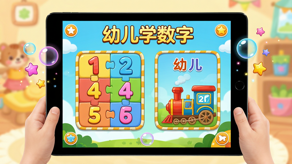 画面主体为平板电脑屏幕上正在运行幼儿学数字的互动游戏界面,界面中有数字拼图、小火车数数等关卡,周围有彩色气泡和星星特效。布局采用屏幕居中展示,游戏画面占满整个屏幕。排版清晰,数字和卡通角色突出。风格为儿童游戏UI,色彩明亮活泼,细节精致,画质清晰干净,无多余元素。图片中需出现文字