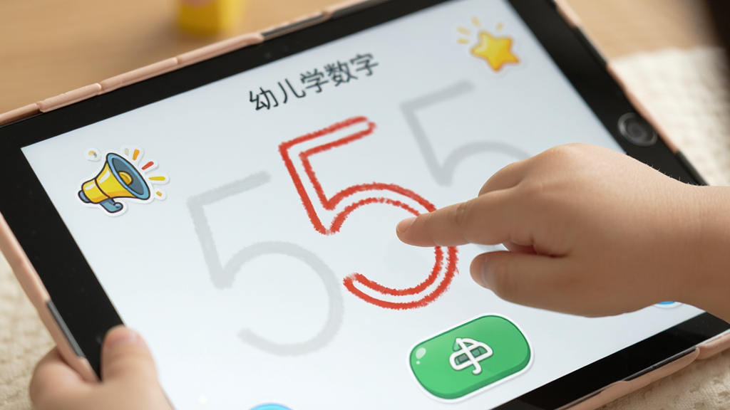 画面主体为一只小手在平板电脑上用手指描红数字