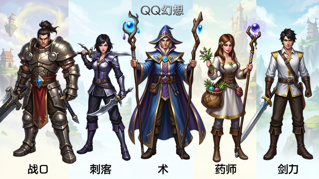 ���壺QQ�������ְҵ��ɫ���沢��չʾ�����֣�����������Ϊսʿ���̿͡���ʿ��ҩʦ�����ͣ�ÿ����ɫչʾ��־��������װ�����Ű棺��ɫ���У�����Ϊ��ɫ�����񳡾����·���עְҵ���ƣ������Ϸԭ�����ϸ�ڷḻ��ɫ��������ϸ�ڣ�սʿ�ؼ״󽣣��̿�˫����ף���ʿ���ȳ��ۣ�ҩʦ��ҩ���뷨�ȣ����ͳ�����װ�����ʣ�����ϸ�壬�ɾ��޶���Ԫ�أ�ͼƬ����ʾ��QQ���롱����