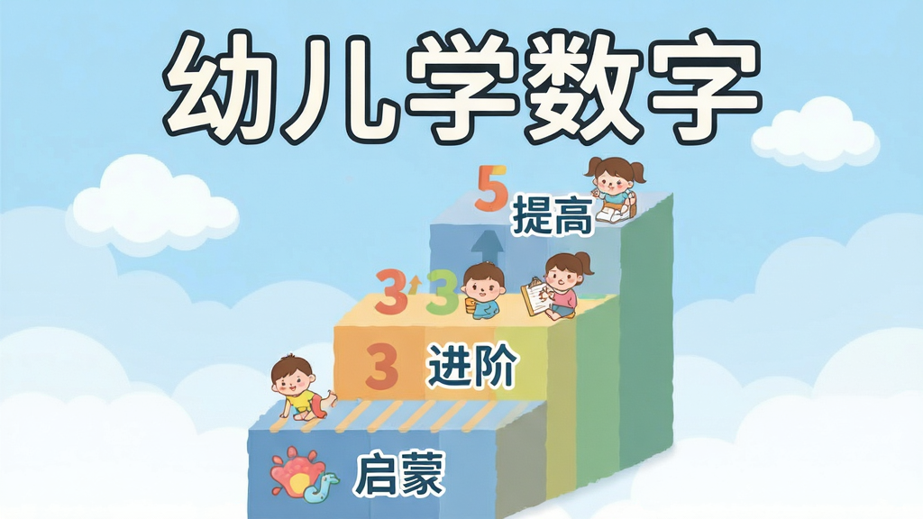 画面主体为一张幼儿学数字的课程体系阶梯图,从底部到顶部分别标注