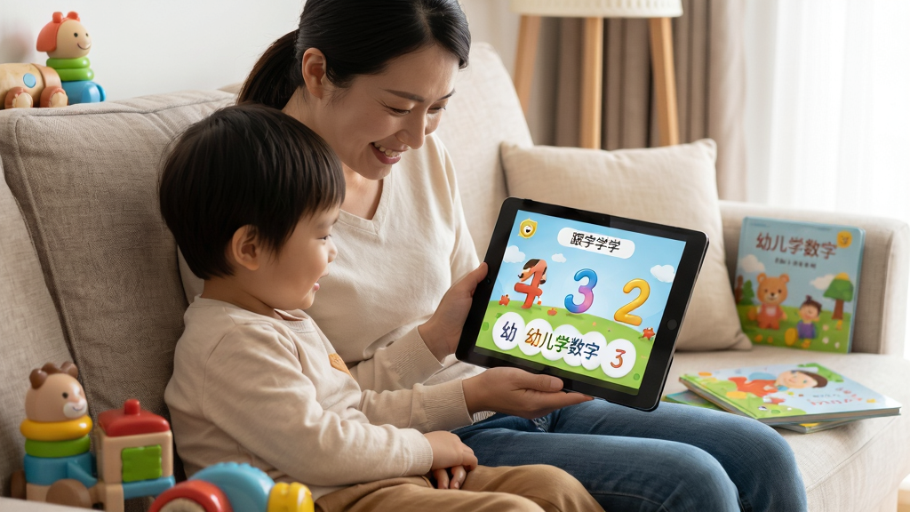 画面主体为家长和孩子一起坐在沙发上,使用平板电脑观看幼儿学数字的亲子互动内容,屏幕上显示数字儿歌和跟读提示,周围有玩具和绘本。布局采用温馨的家庭场景,人物位于画面中央偏左,屏幕内容清晰可见。排版自然,人物表情愉悦。风格为写实生活照风格,色调温暖,细节丰富,画质高清干净,无多余元素。图片中需出现文字