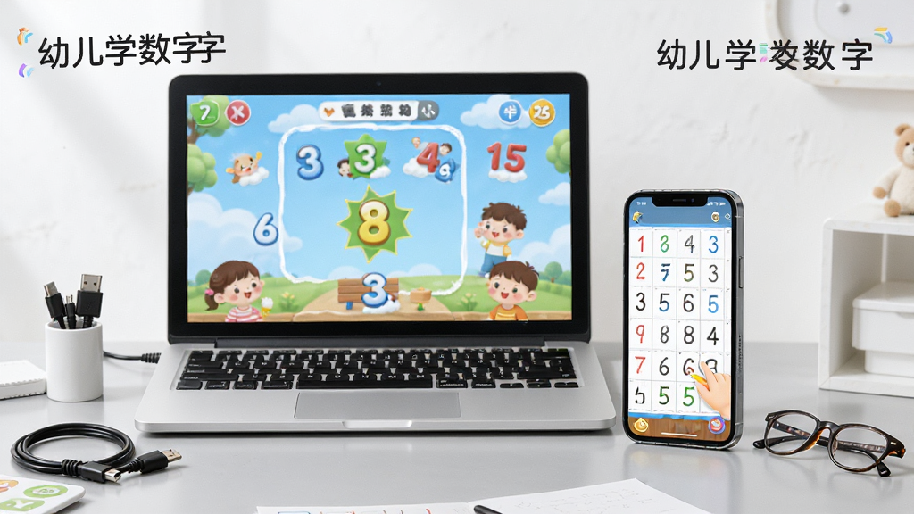 画面主体为电脑和手机并排展示幼儿学数字的界面,电脑屏幕显示数字游戏,手机屏幕显示数字描红,周围有数据线、眼镜等配件。布局采用双设备居中排列,屏幕内容清晰可见。排版整洁,设备与配件错落有致。风格为科技产品实拍风,背景为浅灰色桌面,光线明亮,画质高清干净,无多余元素。图片中需出现文字