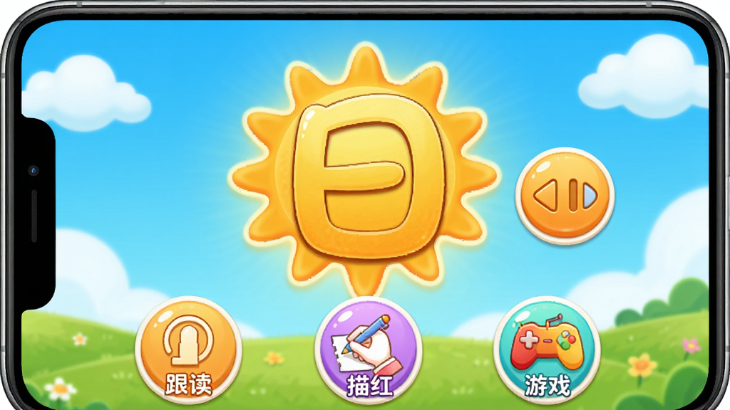 画面展示巧兔识字APP的互动界面,中央是一个“日”字动画,太阳形状的汉字旁边有发音按钮,界面下方有“跟读”“描红”“游戏”三个功能图标,整体色彩明亮,卡通风格,画质细腻,无多余元素。