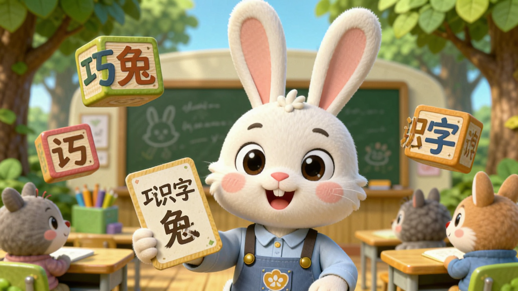 画面以一只可爱的卡通兔子老师为主角,背景是色彩明亮的森林教室,兔子老师手持识字卡片,周围漂浮着带有“巧兔识字”字样的立体汉字积木,整体风格童趣清新,采用3D卡通渲染,细节丰富,画质干净,无多余元素。