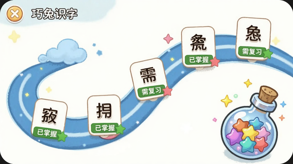 画面显示巧兔识字的学习进度界面,以一条弯曲的曲线图为背景,上面分布着多个汉字卡片,卡片上有“已掌握”“需复习”标签,右下角有一个装满彩色星星的魔法瓶,风格简洁明快,卡通插画风,画质干净。