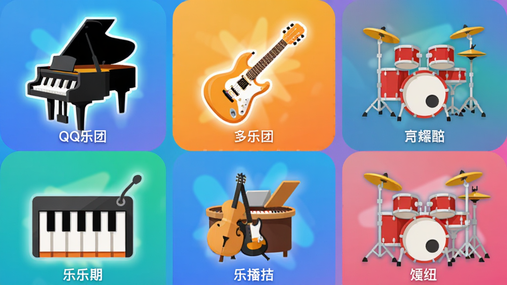 主体:QQ乐团多乐器选择界面,展示钢琴、吉他、架子鼓等图标。布局:网格排列,每项乐器图标下方有名称。排版:图标大而醒目,色彩区分。风格:扁平化设计,色彩鲜艳。细节:每个乐器图标有微光效,背景为渐变色。画质:高清,干净,无多余元素。