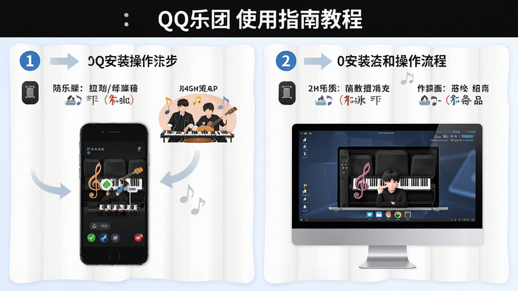 主体:QQ乐团使用指南教程截图,分步展示安装和操作流程。布局:步骤序号清晰,每一步配有小插图。排版:文字说明简洁,箭头指示。风格:教程风格,简洁明了。细节:有手机和电脑屏幕的对比图。画质:清晰,干净,无多余元素。