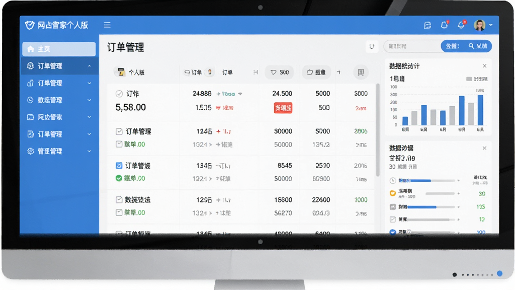 网店管家 个人版 软件主界面预览图,画面左侧为功能导航栏,右侧为订单列表与数据统计面板,整体采用蓝白配色,界面干净整洁,扁平化设计风格,突出订单管理核心功能,画质清晰,无多余元素