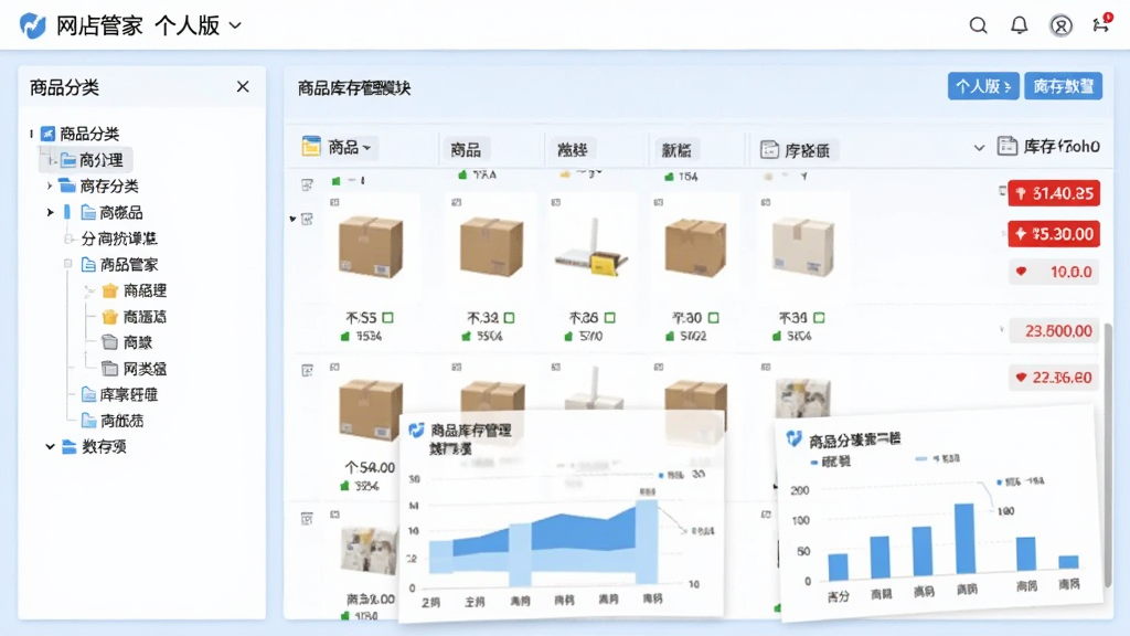 网店管家 个人版 商品库存管理模块,界面左侧为商品分类树,右侧为商品列表与库存数量,商品图片清晰显示,库存预警数字用红色标注,整体布局规整,浅蓝色背景,数据可视化图表点缀,商务简洁风格,画质高清