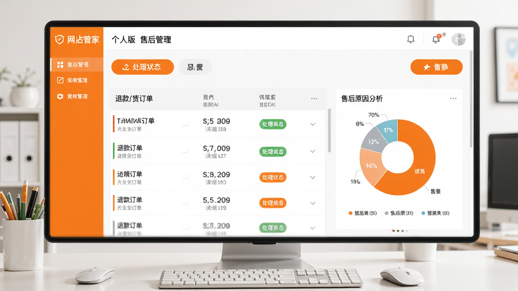 网店管家 个人版 售后管理界面,显示退款/退货订单列表,有处理状态标签,右侧为售后原因分析饼图,界面采用橙色与白色搭配,操作按钮醒目,数据可视化清晰,办公桌面风格,整体干净明亮,画质细腻