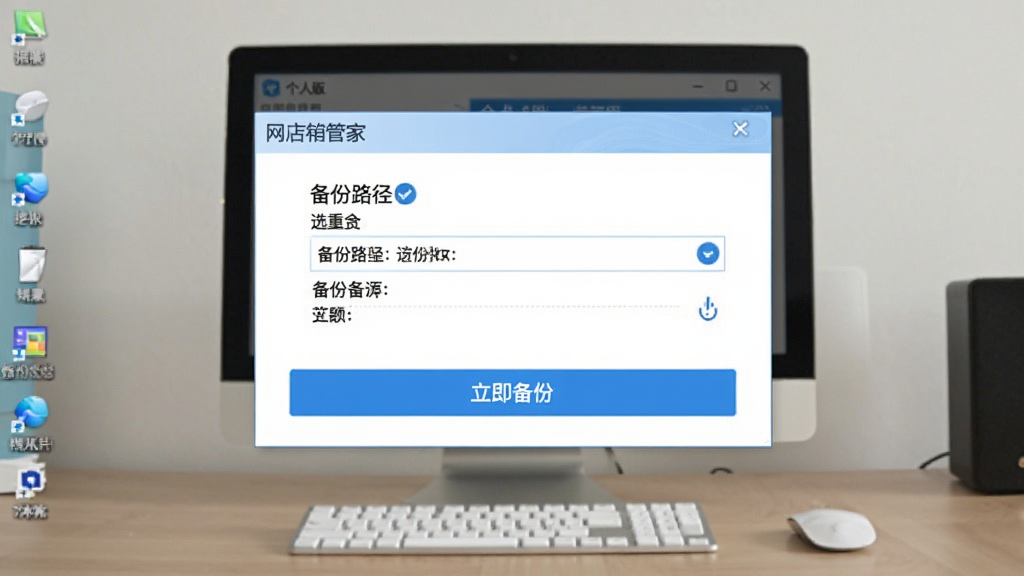 网店管家 个人版 数据备份设置界面,显示备份路径选择窗口,有“立即备份”按钮,背景为电脑桌面,界面简洁,重点突出备份功能,蓝白配色,清晰明了,无多余元素