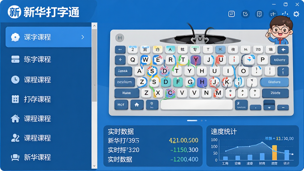 主体:新华打字通软件界面,显示打字练习课程与速度统计图表。布局:左侧课程列表,右侧打字区域,下方实时数据。排版:清晰分区,功能按钮明显。风格:现代扁平化,蓝白主色调。细节:键盘指法提示,卡通角色引导。画质:高清,干净,无多余元素。文字:“新华打字通” logo。