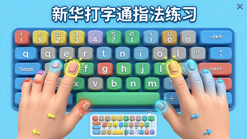 主体:虚拟键盘指法练习界面,手指位置高亮。布局:键盘居中,上方提示文字,下方指法图。排版:简洁直观,色彩区分左右手。风格:3D卡通风格,明亮色彩。细节:手指动画,键盘字母放大。画质:高清,干净,无多余元素。文字:“新华打字通指法练习”。