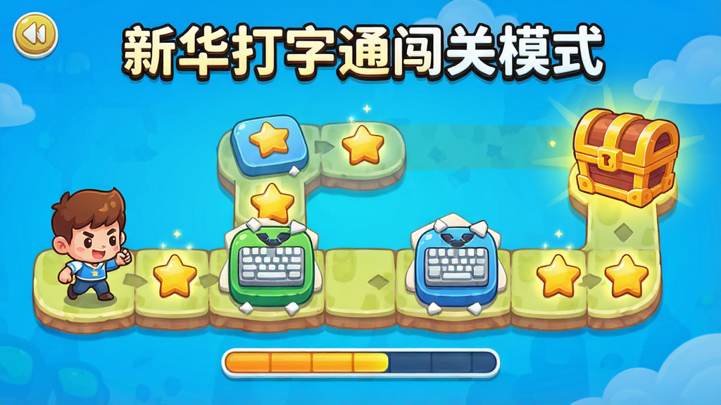 主体:闯关地图界面,有多个关卡节点与星星收集。布局:横向地图,角色在起点,终点有宝箱。排版:卡通风格,色彩丰富。风格:游戏UI,活泼明亮。细节:关卡图标有键盘元素,进度条。画质:高清,干净,无多余元素。文字:“新华打字通闯关模式”。