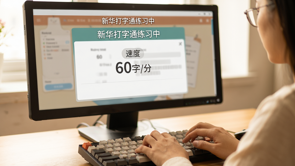 主体:用户正在使用新华打字通练习,电脑屏幕显示成绩。布局:桌面电脑,键盘特写,屏幕中打字界面。排版:居中构图,光线明亮。风格:写实摄影,温暖色调。细节:用户手指敲击,屏幕有“速度 60字/分”。画质:高清,干净,无多余元素。文字:“新华打字通练习中”。