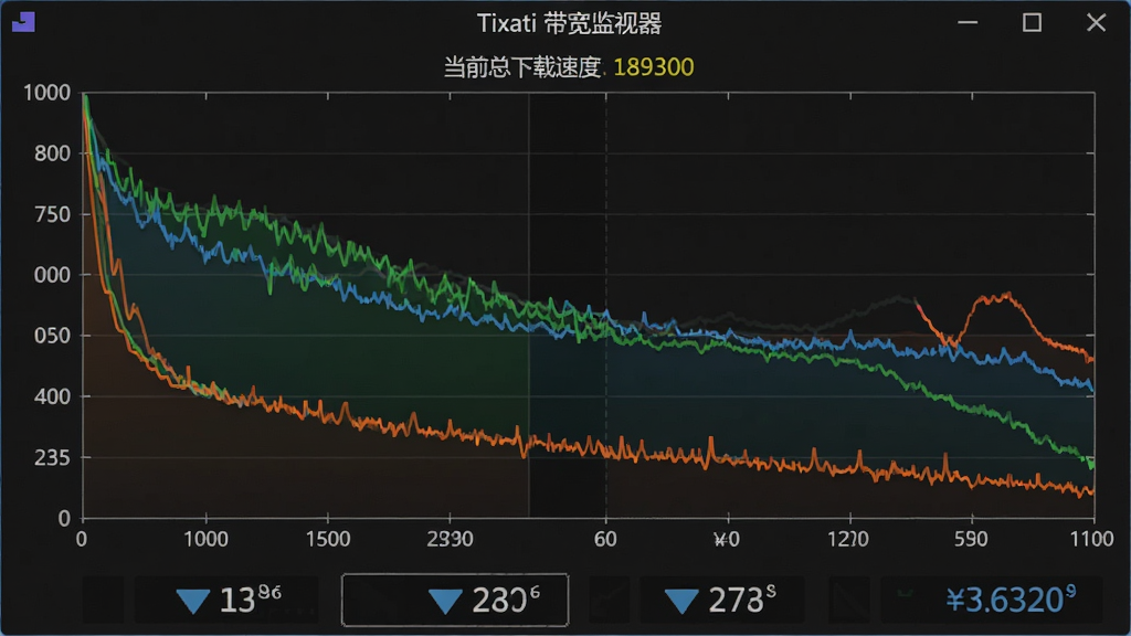 主体:Tixati软件运行时的带宽监控图表界面,展示实时上传下载速度曲线。布局:图表占据主界面,下方有速度数值显示。排版:曲线图平滑,坐标轴清晰,有不同颜色区分上传和下载。风格:简洁直观,深色背景,高对比度。细节:图表上方有“Tixati 带宽监视器”字样,显示当前总下载速度,曲线有轻微波动。画质:高清,干净,无多余元素。