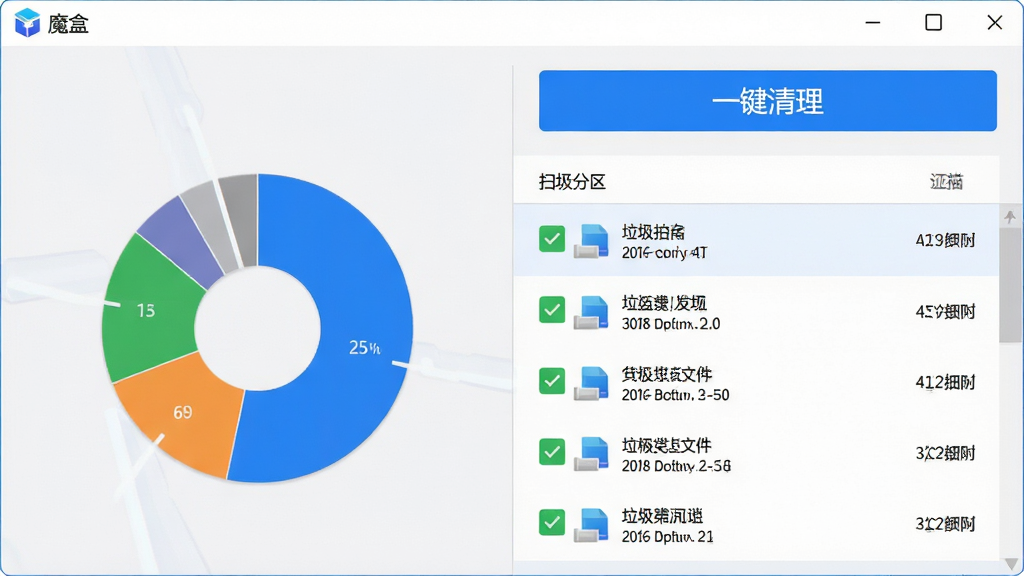 画面主体为“魔盒”软件的系统清理功能界面,左侧为磁盘分区饼图,右侧为扫描出的垃圾文件列表,顶部有“一键清理”按钮。布局为左右分栏,背景为浅灰色。风格为简洁商务风,界面元素清晰,以蓝白为主色调。细节上,垃圾文件列表前有绿色勾选框,按钮为蓝色高亮。画质高清,干净,无多余元素。