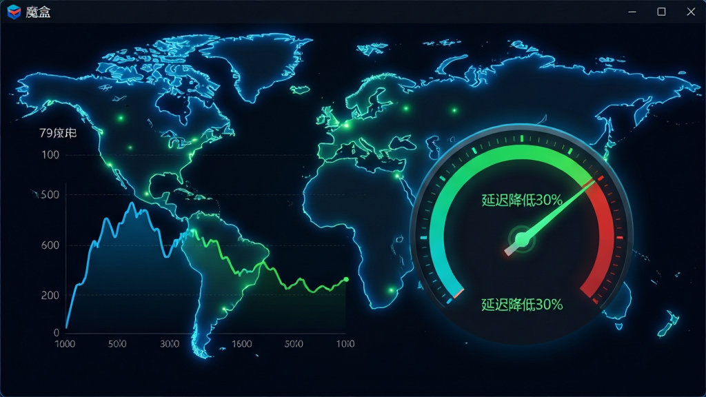 画面主体为“魔盒”软件的网络加速界面,背景为世界地图的光效,中央显示实时延迟曲线与网速仪表盘。布局为全屏沉浸式,数据以动态图表呈现。风格为科技感,深色背景配蓝色与绿色霓虹光效。细节上,仪表盘指针指向绿色区域,并显示“延迟降低30%”字样。画质高清,干净,无多余元素。