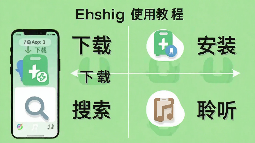 Ehshigʹ�ý̳̲���ͼ��չʾ�Ӵ�APP��������ɵ��ĸ����裬ÿһ������Сͼ�꣬����Ϊǳ��ɫ�����֡����ء�����װ�����������������������ɼ����������ƽ�������ʸ��壬�޶���Ԫ��