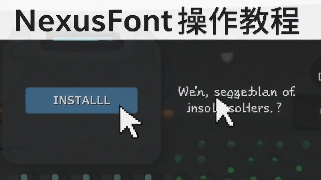 展示NexusFont软件操作教程的步骤图,界面中鼠标指针指向安装按钮,旁边有文字说明,背景为深色,文字清晰,布局有序,风格简洁,画质干净,无多余元素