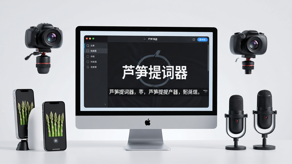 主体:芦笋提词器软件界面在电脑屏幕上显示的立体效果图,布局:软件主界面居中,周围有手机、摄像头、麦克风等创作设备环绕,排版:主界面占据视觉中心,设备呈环绕排列,风格:科技感与现代简约风结合,细节:屏幕中清晰显示